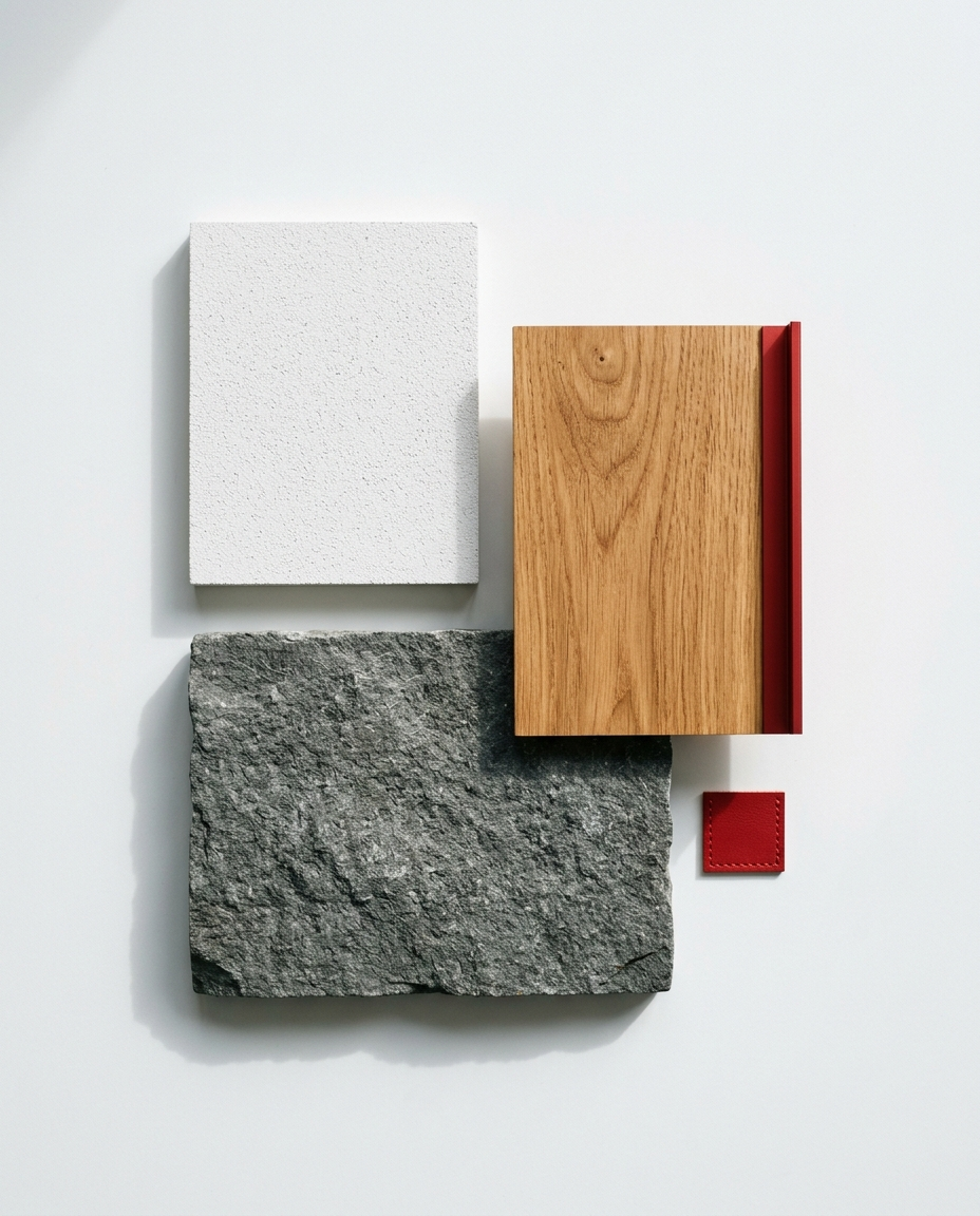 Sample pieces of drywall, wood, and stone finishes